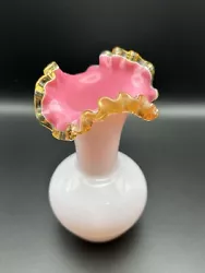 Vintage Fenton White Pink Milk Glass Cased Peach Crest Ruffled Vase.