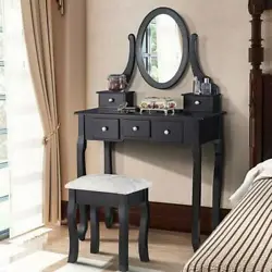 The table with a round mirror and 5 drawers is of great value. Round mirror is clear enough, and you can sit on the...