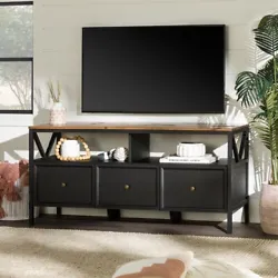 Hardwood construction. Black and rustic oak finish. Create cozy atmosphere with this solid tv stand. Solid wood build...