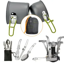 Package Includes: 2 x Aluminum Non-Stick Pots 1 x Camping Stove 3 x Bowls 1 x Bamboo shovel 1 x Spoon   1 x Fork 1 x...