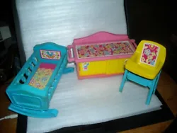 Vintage Doll Play Furniture Crib/Cradle , Changing Table & High Chair Med. Size.  The High chair measures approx....