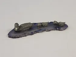 Vintage Mini PEWTER Ducks on a Polished Rock Aggate Slab Sculpture 4