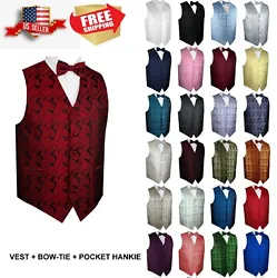 Vest, Bow-Tie & Hankie. Matching Bow-Tie and Hankie. Full Back Vest The back is Black Strap and Buckle in back to...