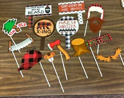 14 total Photo Booth props. Were used one day at my Lumber Jack and Jill theme party. 4 are plastic cardboard material...