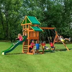 This Backyard Discovery Tucson swing set features a covered play deck, an 8 slide, two belt-swings with kid-friendly...