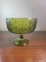Vintage 1975 FTD Green Glass Compote Vase or Candy Dish Oak Leaf Design