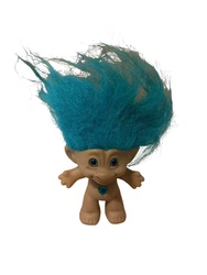 Vintage ACE Novelty Treasure Troll Blue Hair Wishstone Heart Belly Gem 3.5