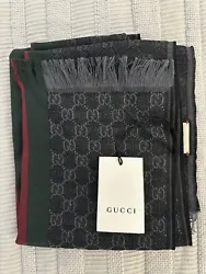 Gucci GG Jacquard Dark Grey Scarf with Black Stitching and Classic Gucci Red/Green Stripe Details.