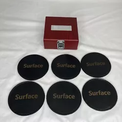 Microsoft Surface Leather Coasters Set in Wood Hinged Box. Silver Tone 
