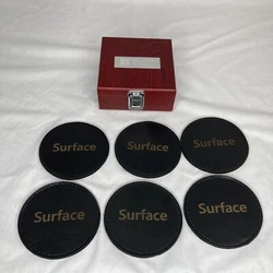 Microsoft Surface Leather Coasters Set in Wood Hinged Box. Silver Tone 