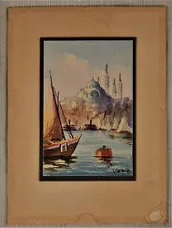 This is a watercolor by Vahit Armagan (Turkish) of the harbor in Istanbul with a domed building on the mainland, 4...