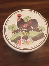 This is a sweet little three legged stool with a rooster, trees, fence, and grass painted on top. But it is so cute, I...