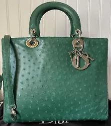 100% Authentic Christian Dior Lady Dior Large Handbag. This is a rare Christian Dior Lady Dior Green Ostrich Leather...