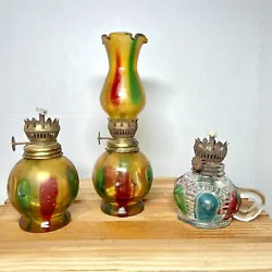 Vintage LOT 3 Glass Mini Oil Lamp Hurricane Amber w/Blue Green Red Hong Kong. No shades on 2 of them.