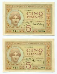 #P35 Lightly CIRCULATED. ❤️ ❤️ 1937 Madagascar - 5 Francs. pair consecutive 611 & 612. - Envoi suivi.