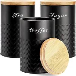 Set of 3 decorative black kitchen canisters for sugar, coffee, or tea. Airtight sealed lids with natural bamboo and...