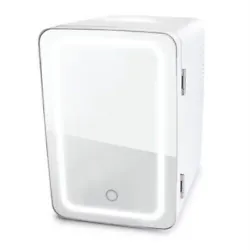 LED Lighted Mini Fridge with Mirror Door, White. Storage Capacity : 0.17 Cu. beverage cans or stacks of 7.5 oz....