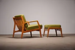 item-Selig Lounge Chair and Ottoman designed by Lawrence Peabody, circa 1950. Honey Beech Wood frame with Green/Gold...