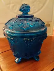 Vintage Blue Glass Candy Jar. [MB8] No cracks or chips visible - little blue coming off lid where lid meets bottom but...