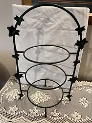3 Tiered Wrought Iron Pie Cake Plate Stand Rack Holder, Green with Leaves.  Racks are 8