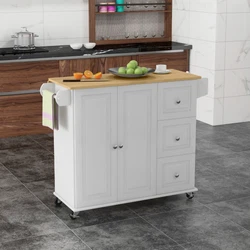 This butcher block island has various storage options, including a rubber wood countertop, three drawers, a cupboard...