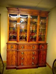 Antique Mahogany China Cabinet Curio Breakfront. In the same family for 70 years.Pull out leather covered desk with...