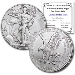 2021 1oz Silver Eagle. Photo shown is an example of our 2021 1oz Silver Eagles Type 2 BU with Certificate of...