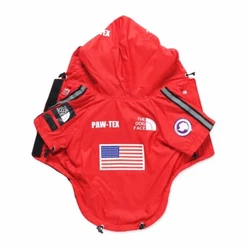 Waterproof wind deflecting jacket made for your fur baby. • Red lettering. • Black lettering.