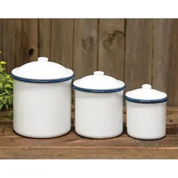Small Canister Set. Adorable 3 Canister Set. The lids sit loosely on canisters, they are not sealed. Do Not Microwave....