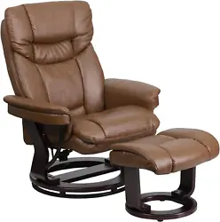 Allie Contemporary Multi-Position Recliner and Curved Ottoman with Swivel Mahogany Wood Base in Palimino Leathersoft....