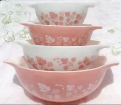 Pyrex Vintage Pink Gooseberry Cinderella Mixing Bowls Complete Set of 4.