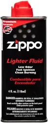 Our lighter fluid has fast ignition, low odor, and is clean burning. Made in USA. Zippo 4 oz. Lighter Fluid.