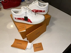 Louis Vuitton X Supreme White & Red Monogram Sneaker LVsz 8.5 = USsz 9.5. Worn 3-5 times, show little to no wear for a...