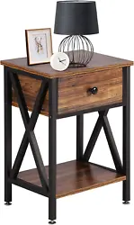 Side/End Table Drawer & Storage Shelf for Living Room Bedroom, Versatile X-Design, Brown, Nightstand with Drawer, Retro...