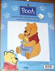 POOH AND THE HONEY POT. Counted Cross Stitch Kit. COMPLETE COUNTED STITCH INSTRUCTIONS. Finished size 8 3/4