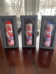 3 spray cans by Mr. Brainwash. Signed, hologram thumbprint and numbered. 2019 Red Spiderman Ed of125.