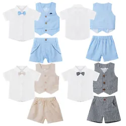 3pcs kids boys gentleman outfit set bow tie shirt vest shorts suit. Solid shirt has short sleeve, button down and bow...
