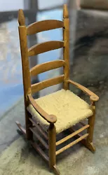 Antique Handmade Miniature Dollhouse Rocking Chair 4” - Woven Seat Ladderback. Signed.