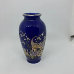 Vintage Chinese Oriental Peacock Bud Vase Cobalt Blue w/ Gold Ceramic.