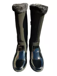 TUNDRA DESIGNER BOOTS. FAUX FUR / 100% POLYESTER. • FAUX FUR AROUND TOP. BLACK / BLACK PATENT LEATHER. APPROX 10