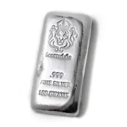 (1) Scottsdale Silver 100g Cast Bar. SCOTTSDALE MINT presents. No two bars are cast alike and the hand stamped logo has...