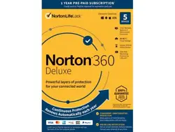 Norton 360 Deluxe for up to 5 devices, provides you powerful layers of protection for your connected devices and online...