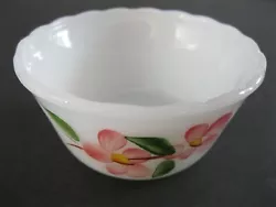 Painted Cherry Blossom Milk Glass Custard Cup (see photos). It is marked on bottom by the maker Fire King 6 oz made in...