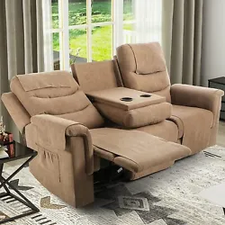 THEATER RECLINER CHAIR: This dual-sided recliner loveseat with cover features a middle seat, flip table, cup holders,...