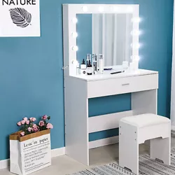 Vanity Set With Lighted Mirror Cushioned Stool Dressing Table Vanity Makeup Table. Stool size: 37 × 24 × 40 /...
