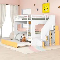 Full over Full Bunk Bed with Trundle, Full Size Bunk Bed with Stairs, Ladders, Solid Wood Bunk Bed with Storage...