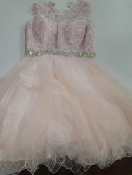 It is light pink, has sequins and lace at bodice, is just above the knee with tulle skirting.