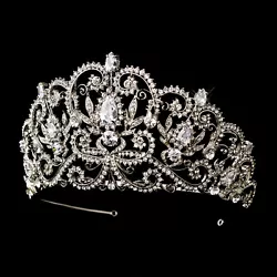 Antique inspired style, silver dazzling tiara encrusted with clear rhinestones and a centered large cubic zirconia...