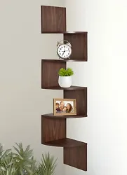 5 tier wall mount corner shelves Made of durable MDF laminate. Beautiful Walnut finish that suits almost any decor....