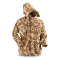 British army Desert camouflage field parka. It also features a wired hood, which can be retracted to be tied back. New,...